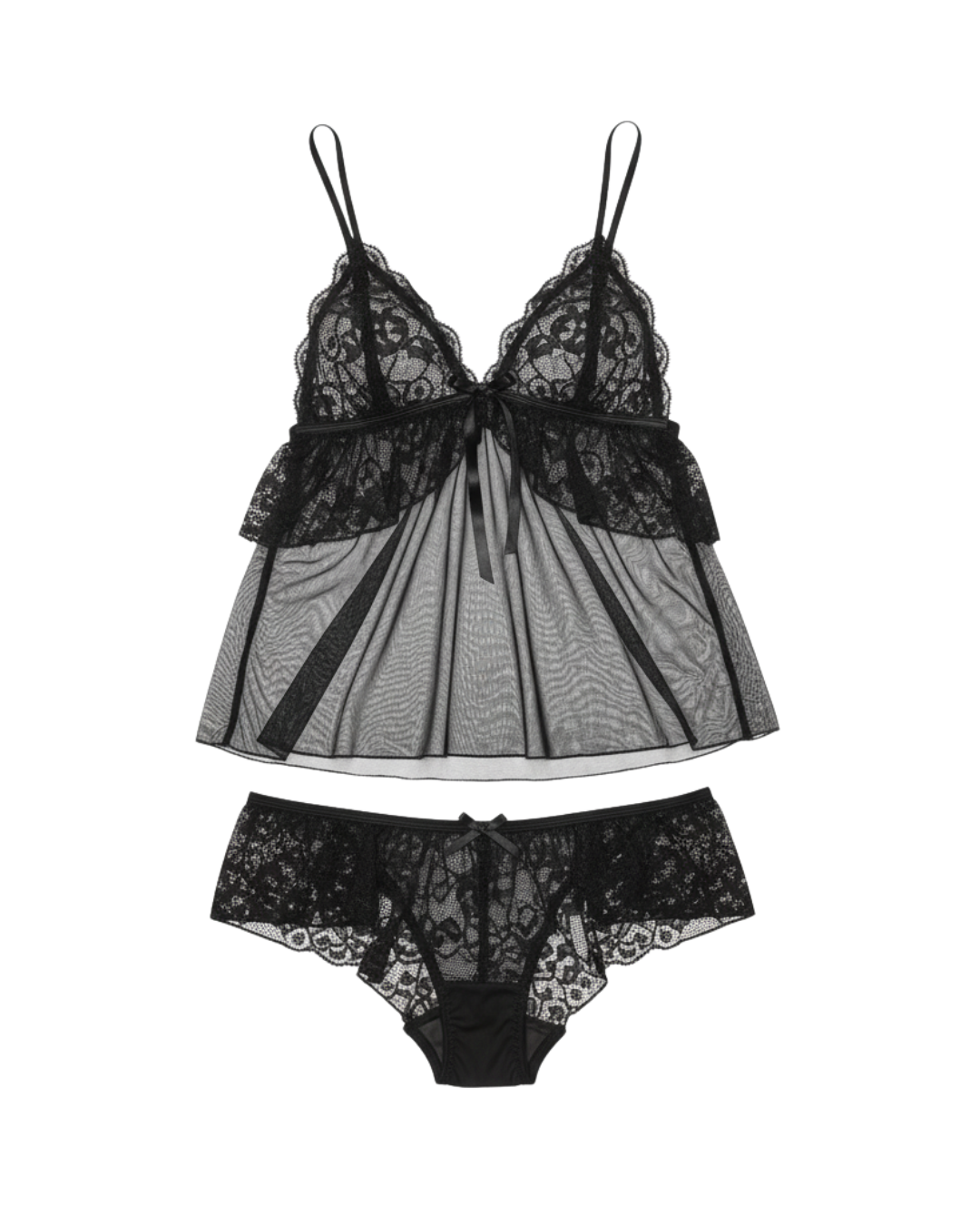 Moonlight Lace Sheer Camisole Set – Black