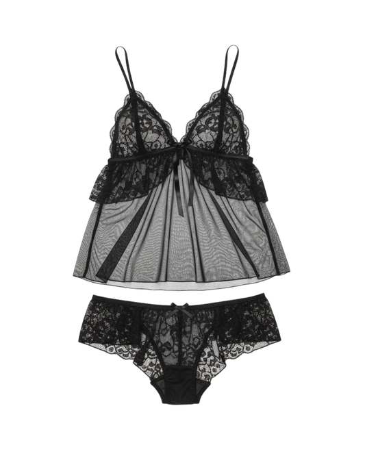 Moonlight Lace Sheer Camisole Set – Black