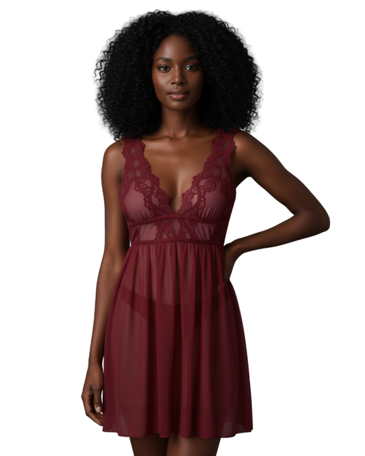 Midnight Whisper Mesh Nightdress – Wine Red