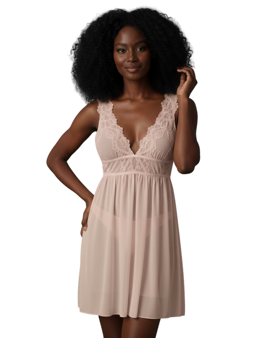 Midnight Whisper Mesh Nightdress – Nude Pink