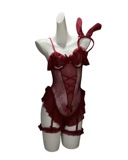 Velvet Bunny Mesh Bodysuit Set – Wine Red