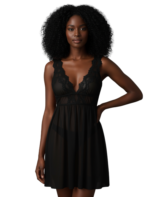 Midnight Whisper Mesh Nightdress – Black