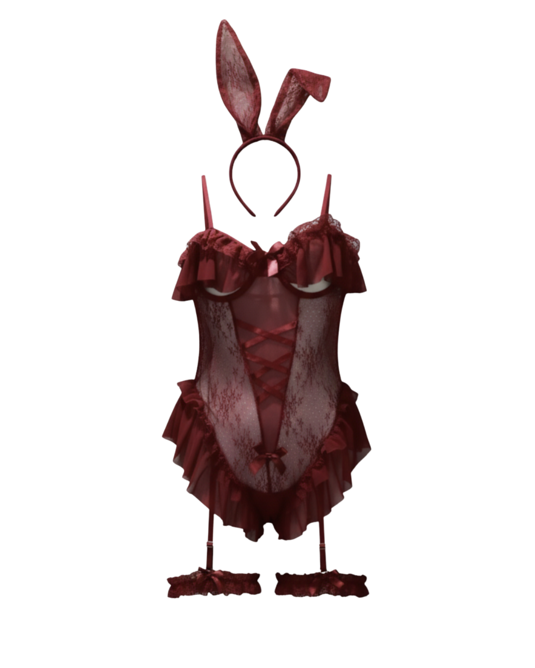 Velvet Bunny Mesh Bodysuit Set – Wine Red