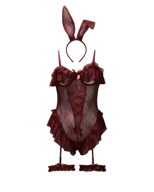 Velvet Bunny Mesh Bodysuit Set – Wine Red