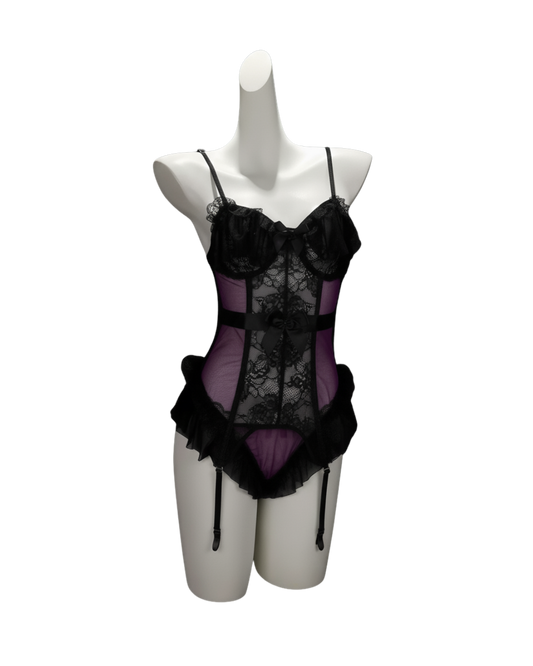 Moonlight Lace Corset Set with Garter & Stockings – Purple