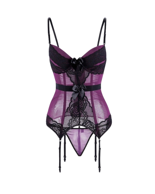 Moonlight Lace Corset Set with Garter & Stockings – Purple