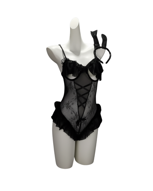Velvet Bunny Mesh Bodysuit Set – Black