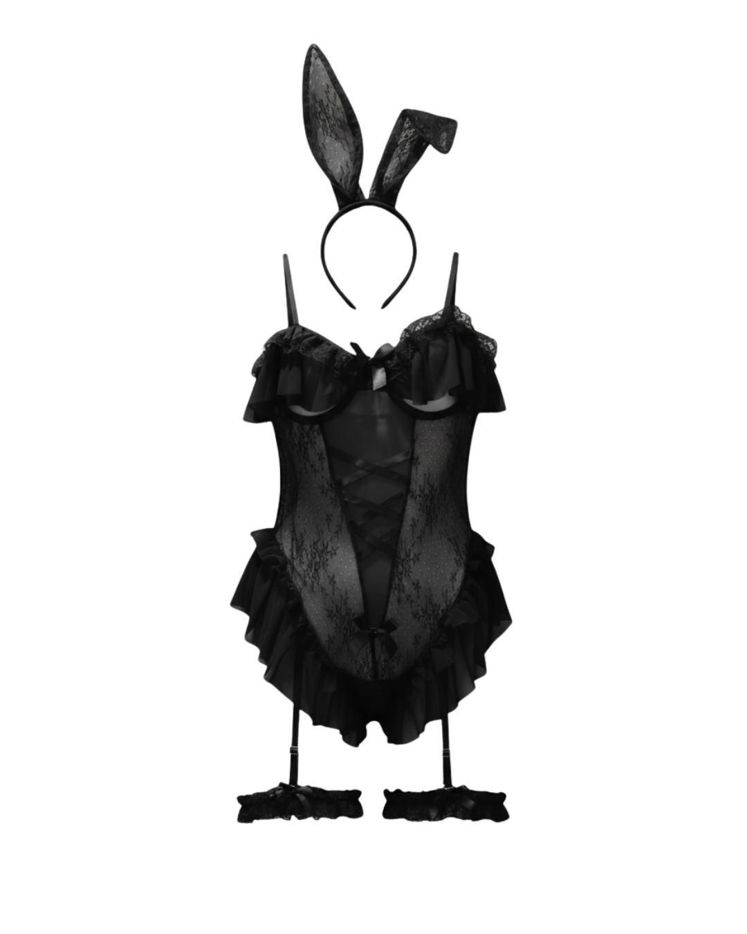 Velvet Bunny Mesh Bodysuit Set – Black