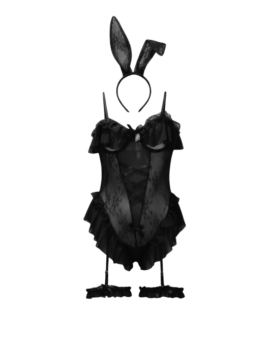 Velvet Bunny Mesh Bodysuit Set – Black
