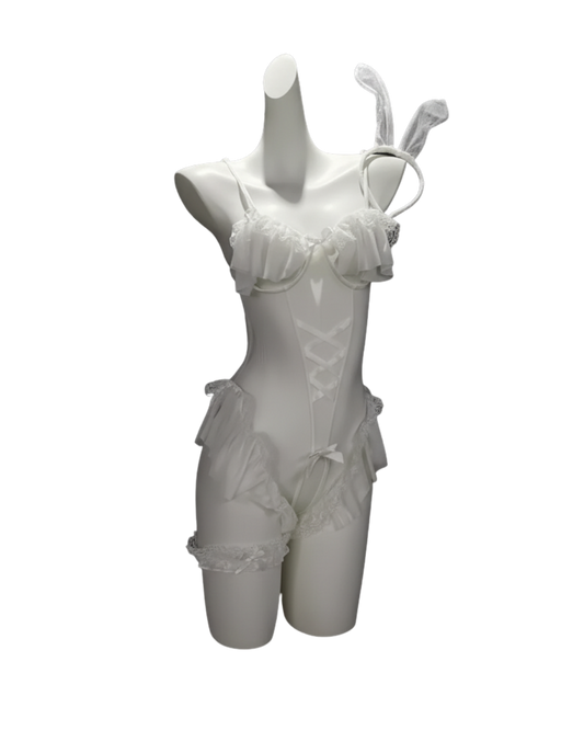 Velvet Bunny Mesh Bodysuit Set – White