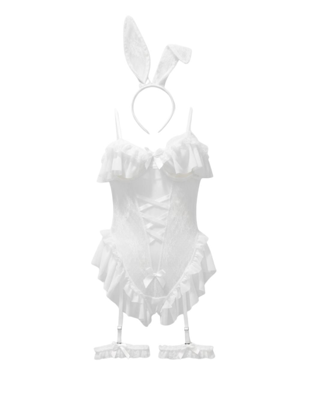 Velvet Bunny Mesh Bodysuit Set – White