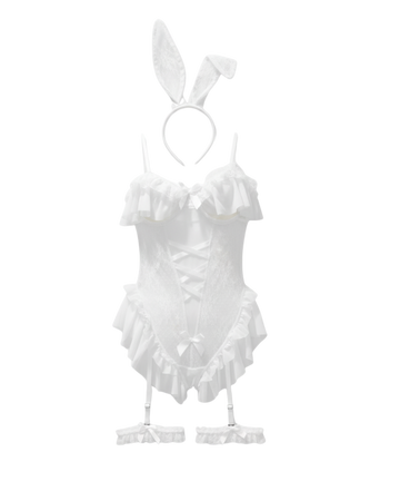 Velvet Bunny Mesh Bodysuit Set – White
