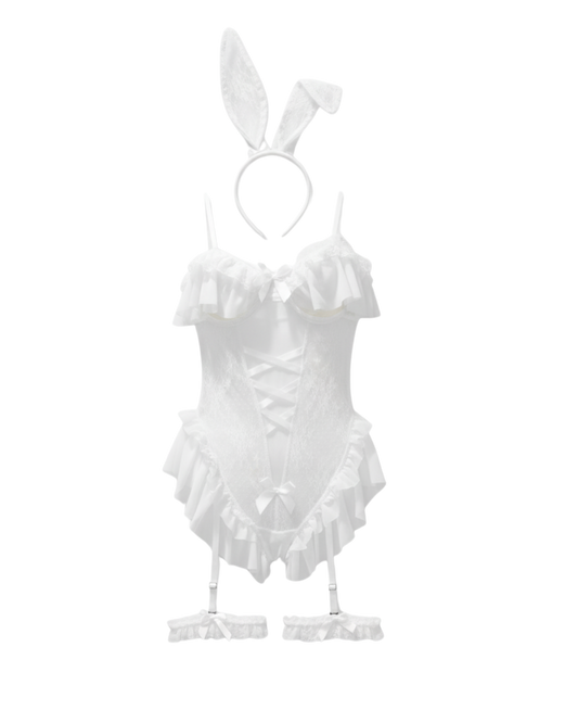 Velvet Bunny Mesh Bodysuit Set – White