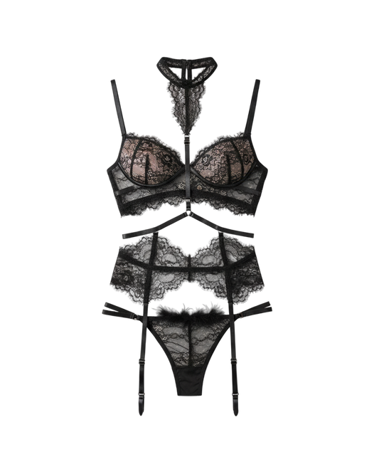 Scarlet Hourglass Lace Corset 3-Piece Set – Black