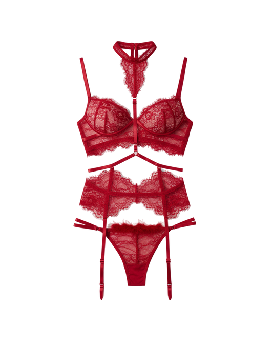 Scarlet Hourglass Lace Corset 3-Piece Set – Wine Red