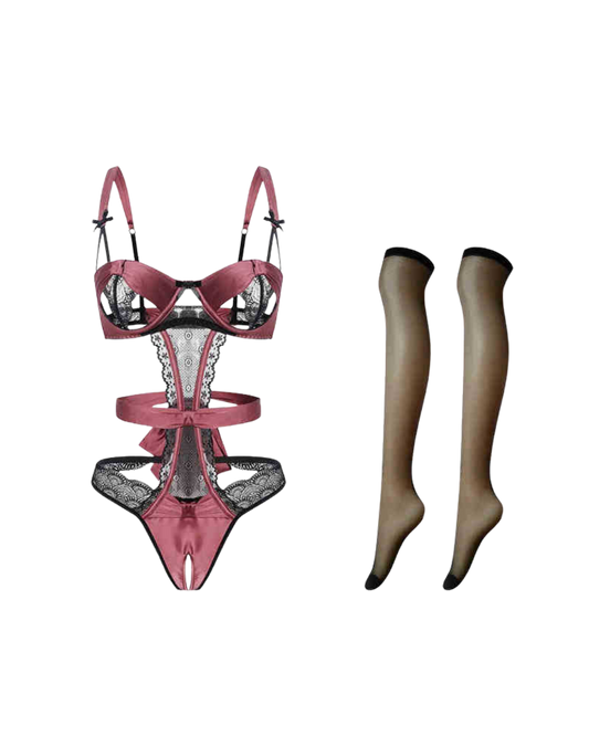 Crimson Dream Lace Underwire Bodysuit + Stockings – Mauve