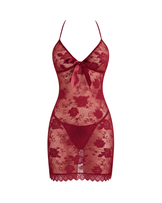 Whispered Bloom Lace Slip Dress – Wine Red