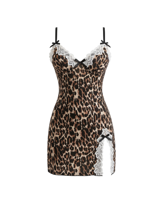 Whispered Bloom Leopard Mini Dress with Bow – Brown Leopard