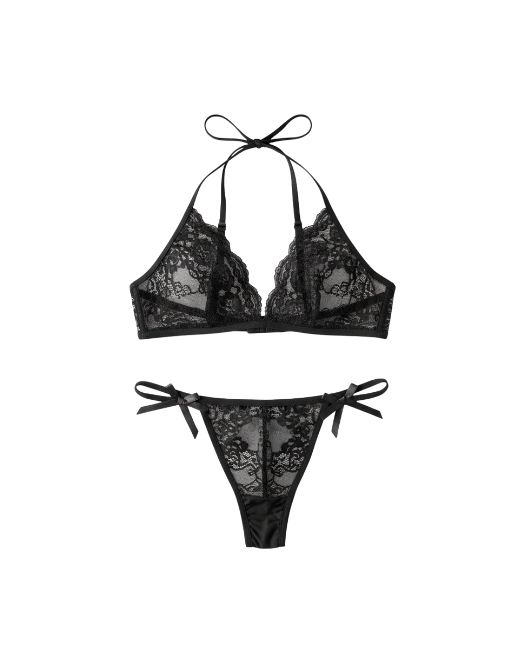Whispered Bloom Transparent Lace Set – Black