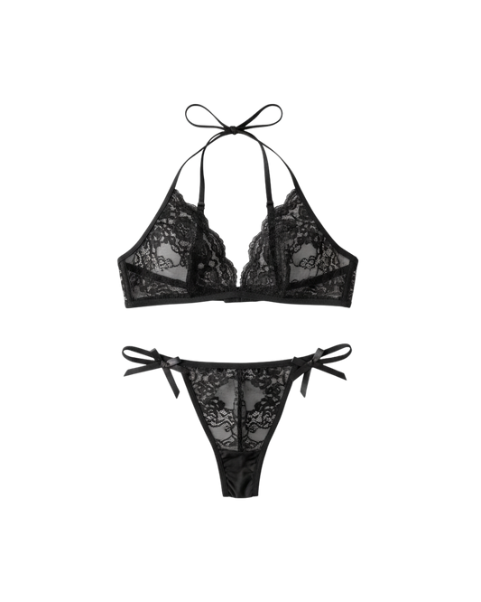 Whispered Bloom Transparent Lace Set – Black