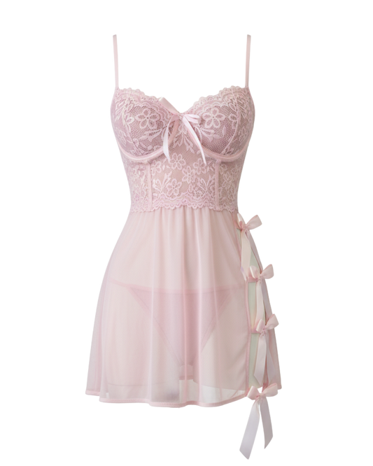 Whispered Bloom Pink Mesh Mini Dress – Bow Accent