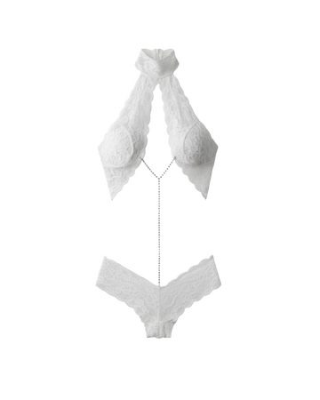 Afterglow Halter Lace Rhinestone Bodysuit – White