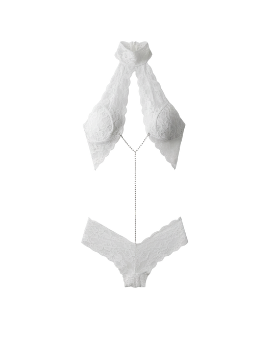 Afterglow Halter Lace Rhinestone Bodysuit – White