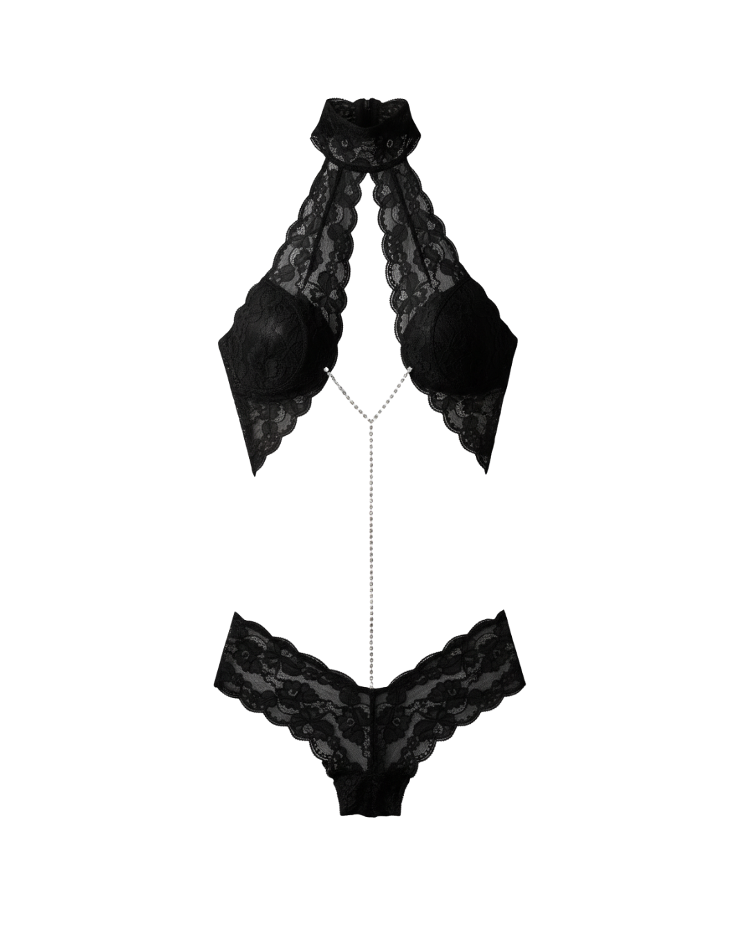 Afterglow Halter Lace Rhinestone Bodysuit – Black