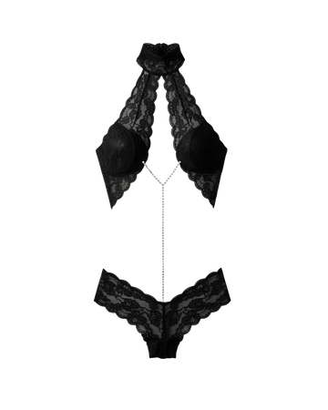 Afterglow Halter Lace Rhinestone Bodysuit – Black