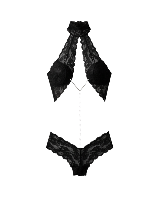 Afterglow Halter Lace Rhinestone Bodysuit – Black