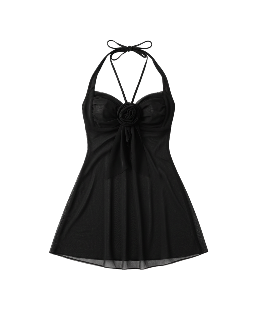 Afterglow Rose Lace Halter Mesh Dress – Black