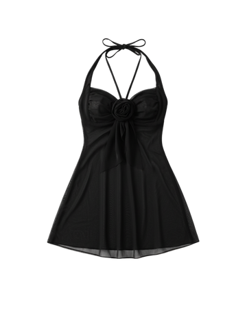 Afterglow Rose Lace Halter Mesh Dress – Black