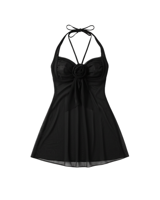 Afterglow Rose Lace Halter Mesh Dress – Black
