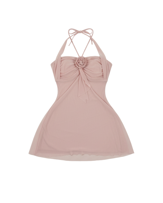 Afterglow Rose Lace Halter Mesh Dress – Pink