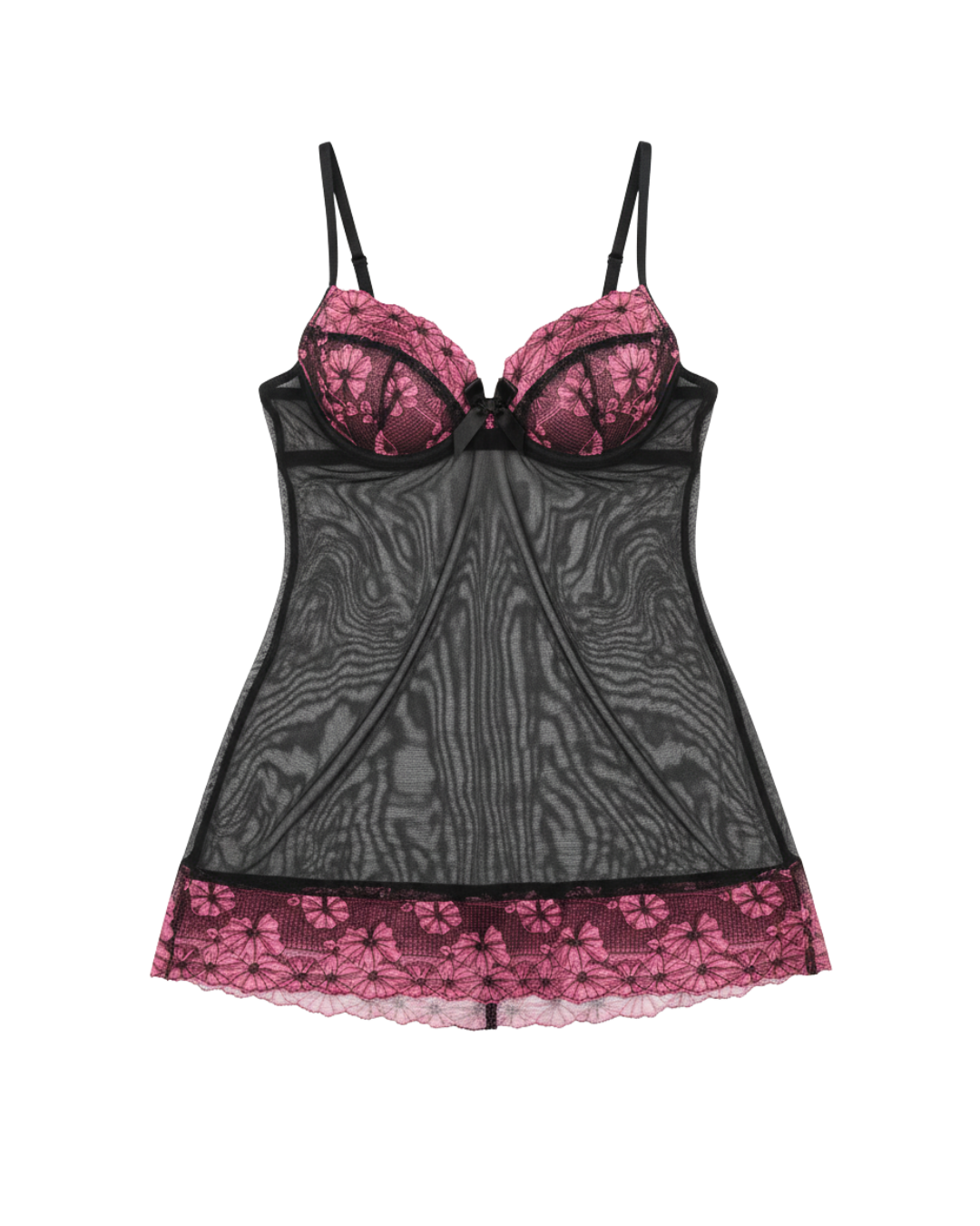Afterglow Black & Pink Lace Mini Dress – Underwire Support