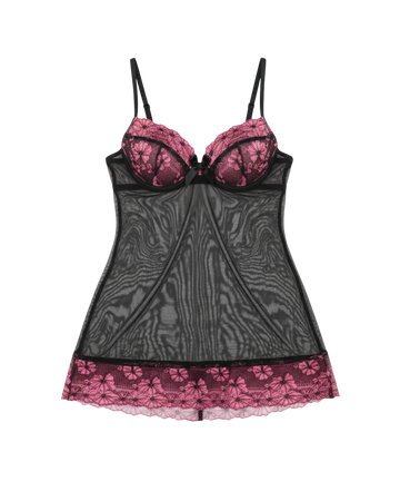 Afterglow Black & Pink Lace Mini Dress – Underwire Support