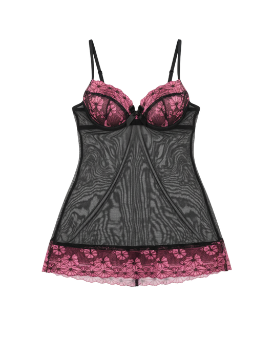 Afterglow Black & Pink Lace Mini Dress – Underwire Support