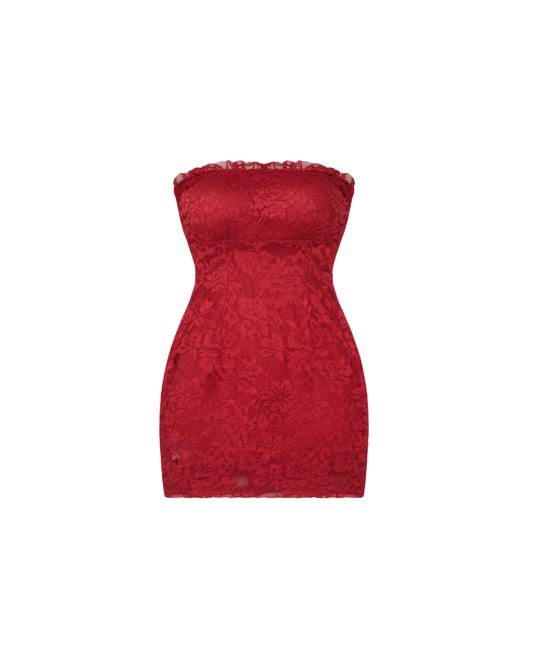 Afterglow Off-Shoulder Lace Dress – Red