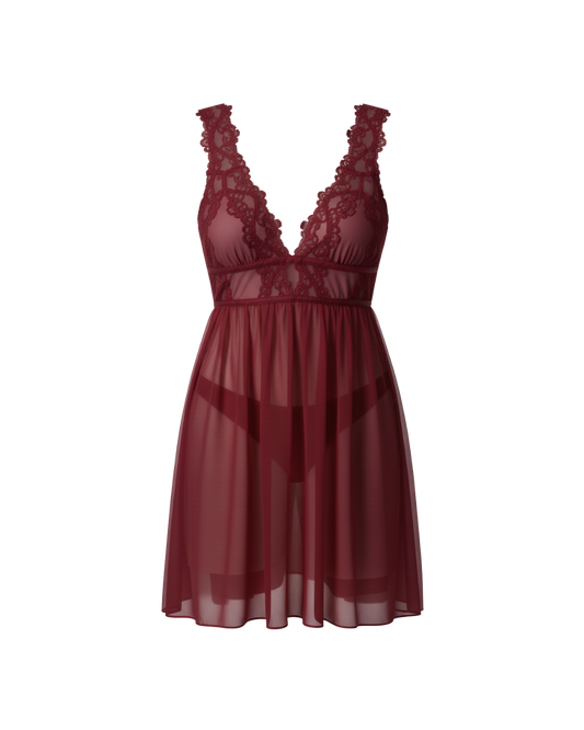 Midnight Whisper Mesh Nightdress – Wine Red