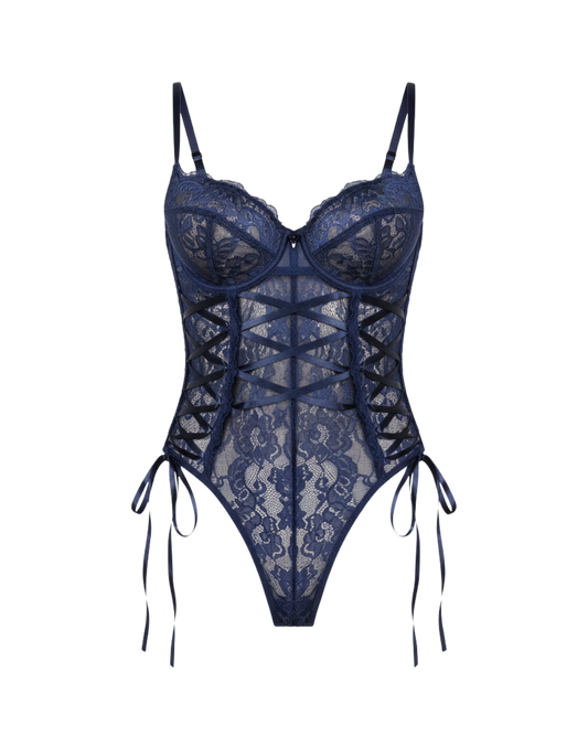 Sweet Role Blue Lace Shaping Bodysuit Set - with Stockings